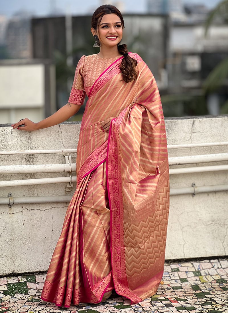 Pink Tissue Woven Leheriya Saree