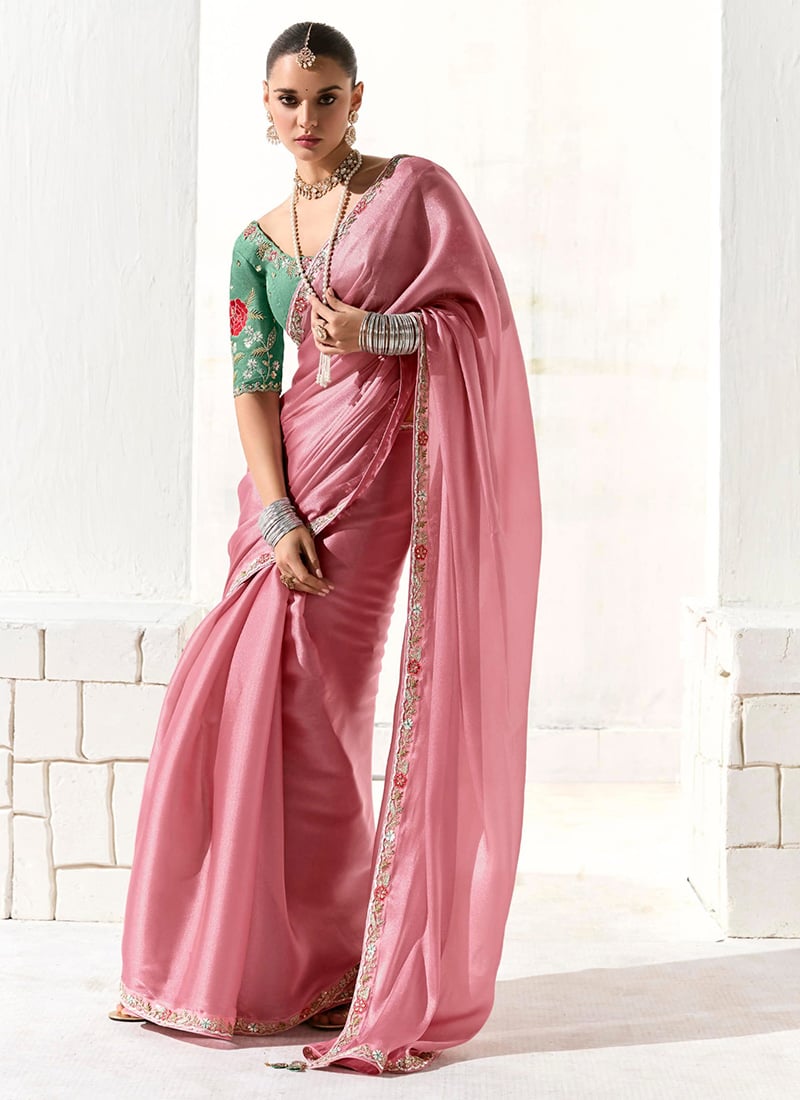 Pink Tissue Zari  Hand Embroidered Sequins Saree