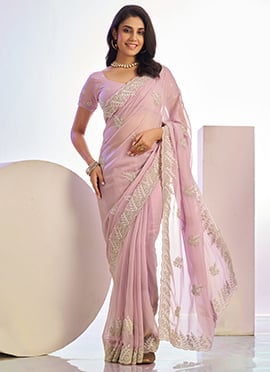 Pink Tissue Zari Embroidered Saree