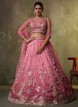 Pink Tissue Zari Embroidered Sequins With Beads Work Lehenga