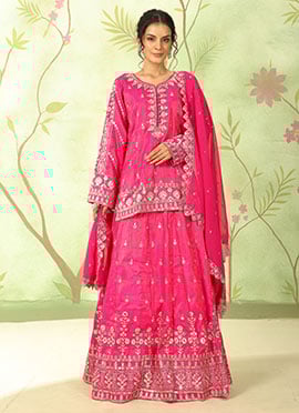 Pink Tissue Zari Sequins Long Choli Lehenga Festive Wear