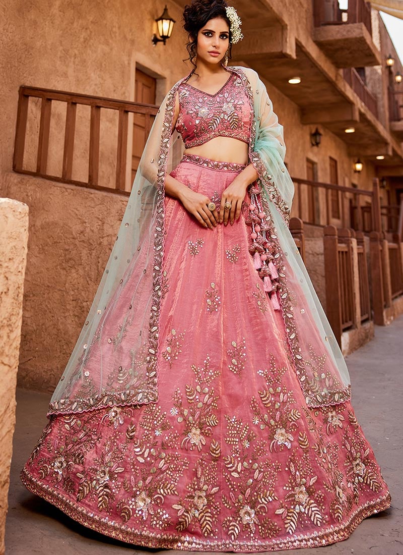 Pink Tissue Zarkan Embroidered Sequins With Stone And Moti Lehenga
