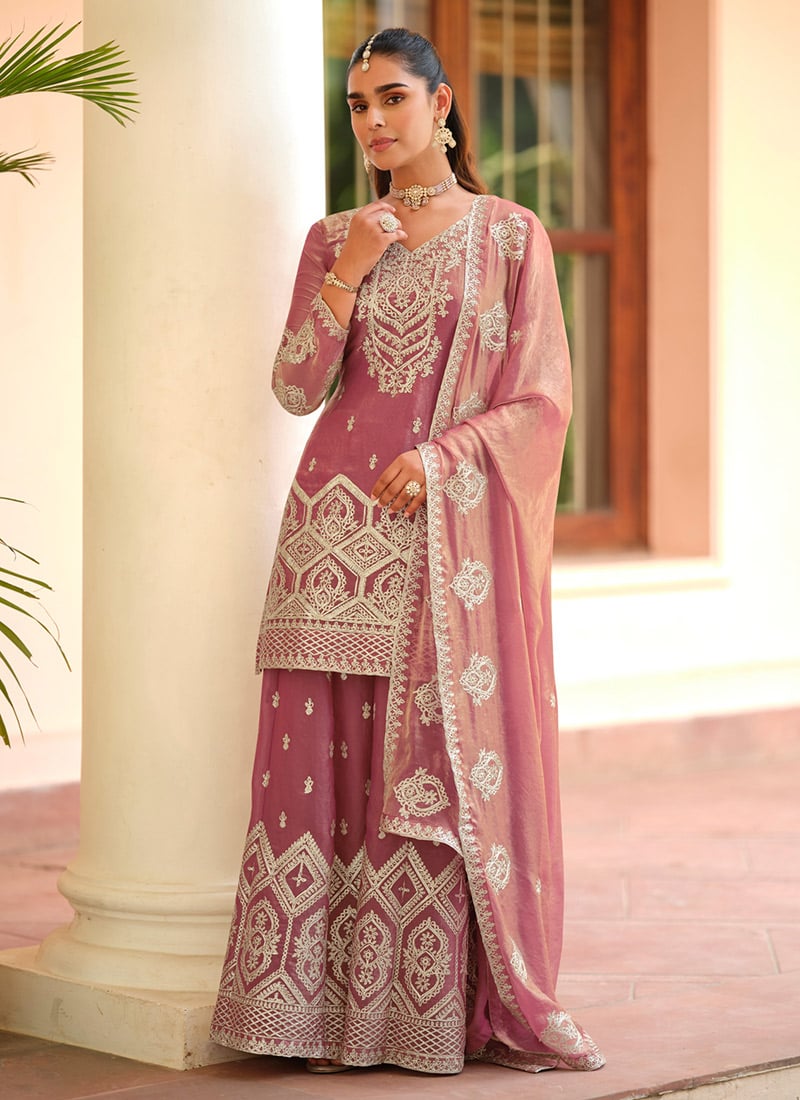 Pink Tora Silk Zari Embroidered Palazzo Suit Festive Wear