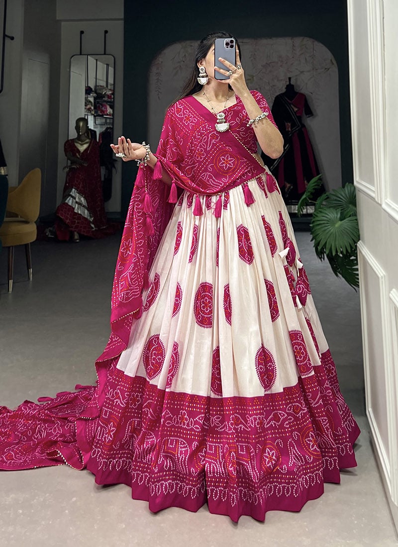 Pink Tussar Silk Bandhej Print Lehenga