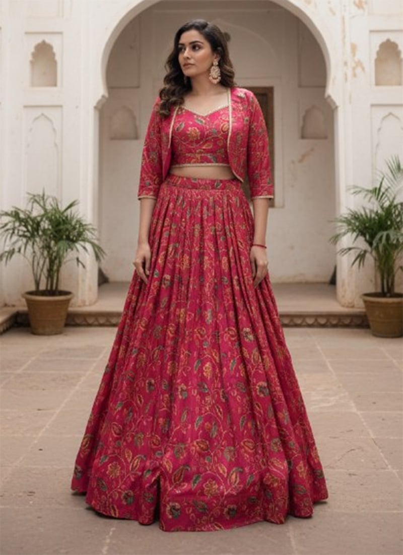 Pink Tussar Silk Floral Printed Gota Patti Indowestern Jacket Lehenga Set After Six Wear