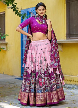 Pink Tussar Silk Kalamkari Lehenga