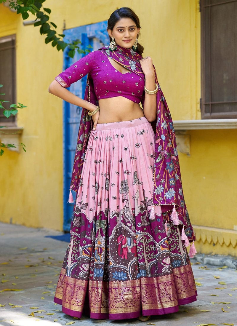 Pink Tussar Silk Kalamkari Lehenga Festive Wear