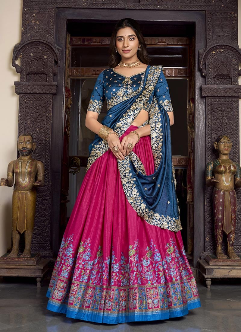 Pink Tussar Silk Sequins Embroidered And Foil Print Umbrella Lehenga