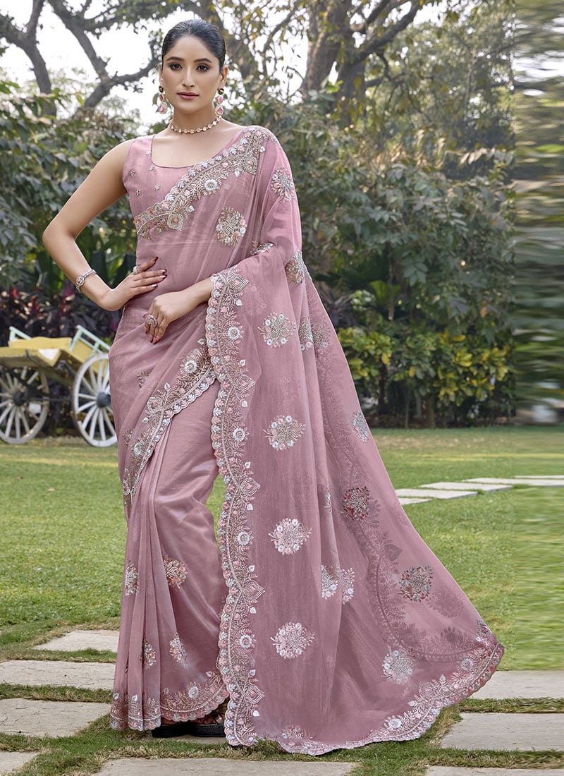 Pink Twill Net Zari Embroidered Stone Work Saree Festive Wear