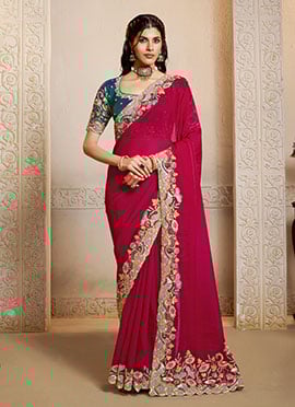 Pink Two Tone Satin Silk Hand Embroidered Sequins With Stone Work Saree