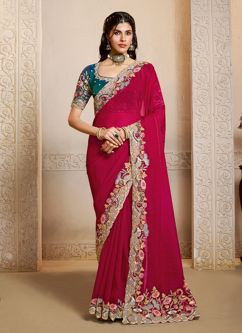 Pink Two Tone Satin Silk Hand Embroidered Sequins With Stone Work Saree  Festive Wear
