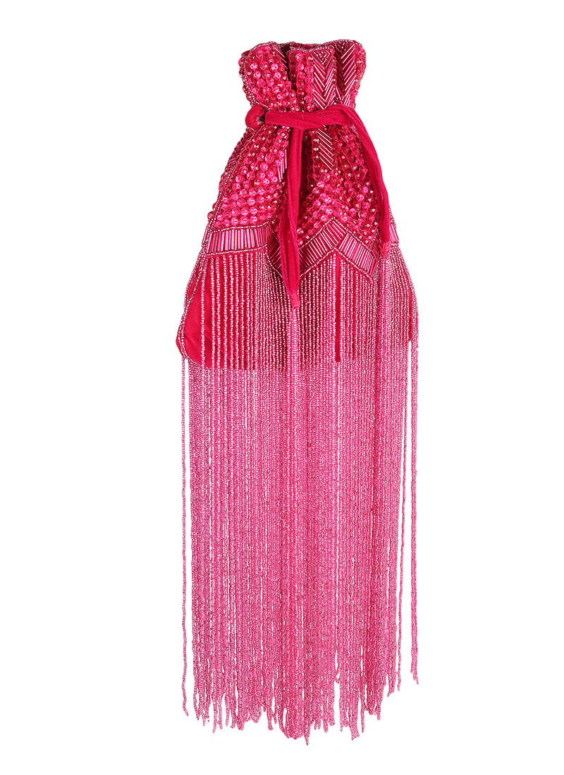 Pink Velvet Beads And Moti Embossed Potli Wedding Wear