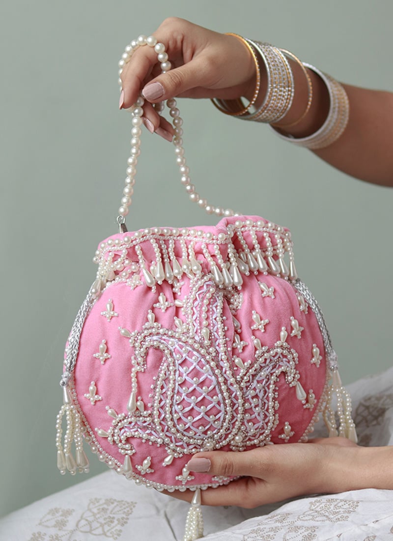 Pink Velvet Cut Dana Potli Embossed With Beads And Moti Party Wear