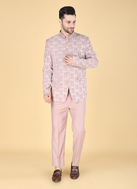 Pink Velvet Embroidered Bandhgala Suit
