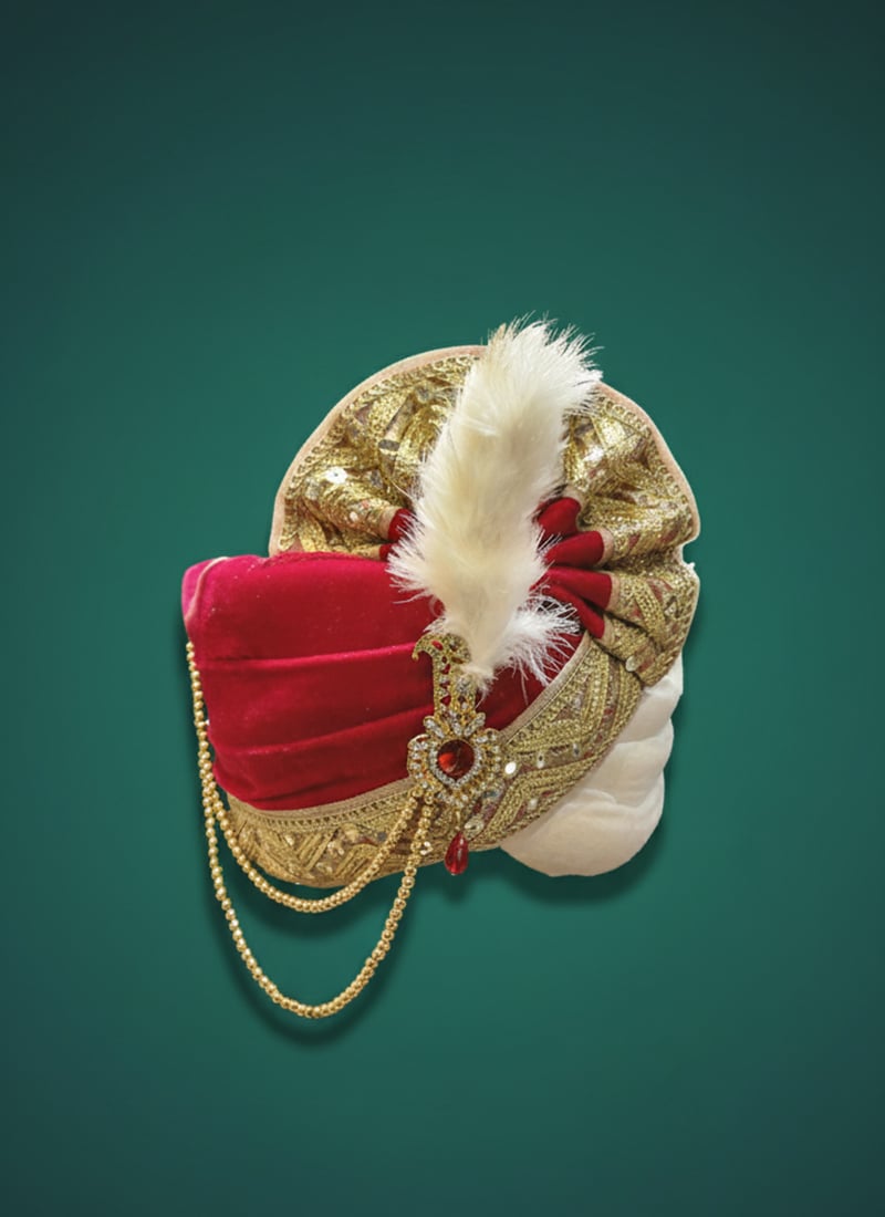 Pink Velvet Embroidered Sequins Turban With Brooch