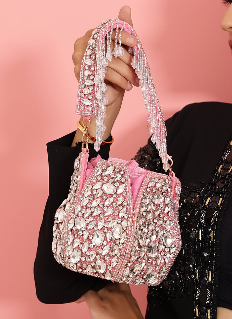 Pink Velvet Potli Embossed With Crystals And Moti Party Wear