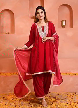 Pink Velvet Zari Embroidered With Patch Work A Line Straight Pant Suit