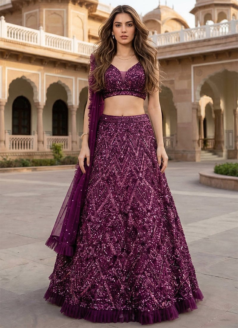 Pink Velvet Zari Sequins Lehenga Wedding Wear
