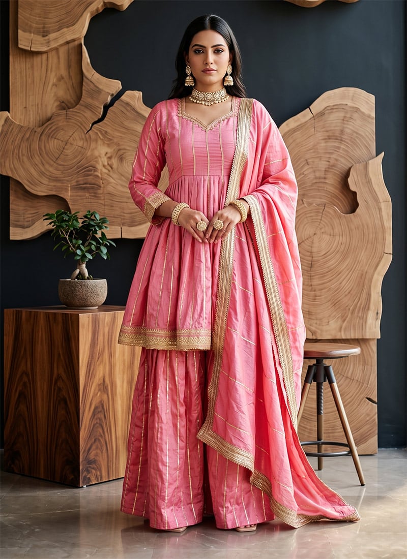 Pink Vichitra Silk Embroidered Palazzo Suit Festive Wear