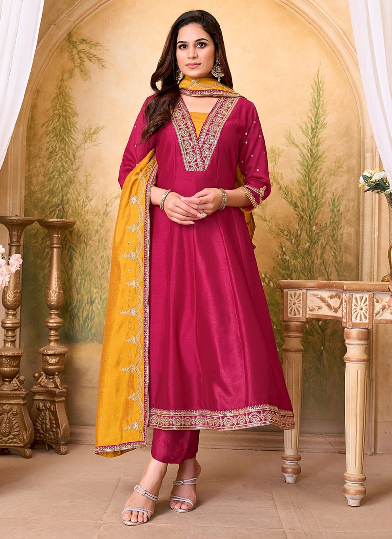 Pink Vichitra Silk Embroidered Sequins Anarkali Suit Festive Wear