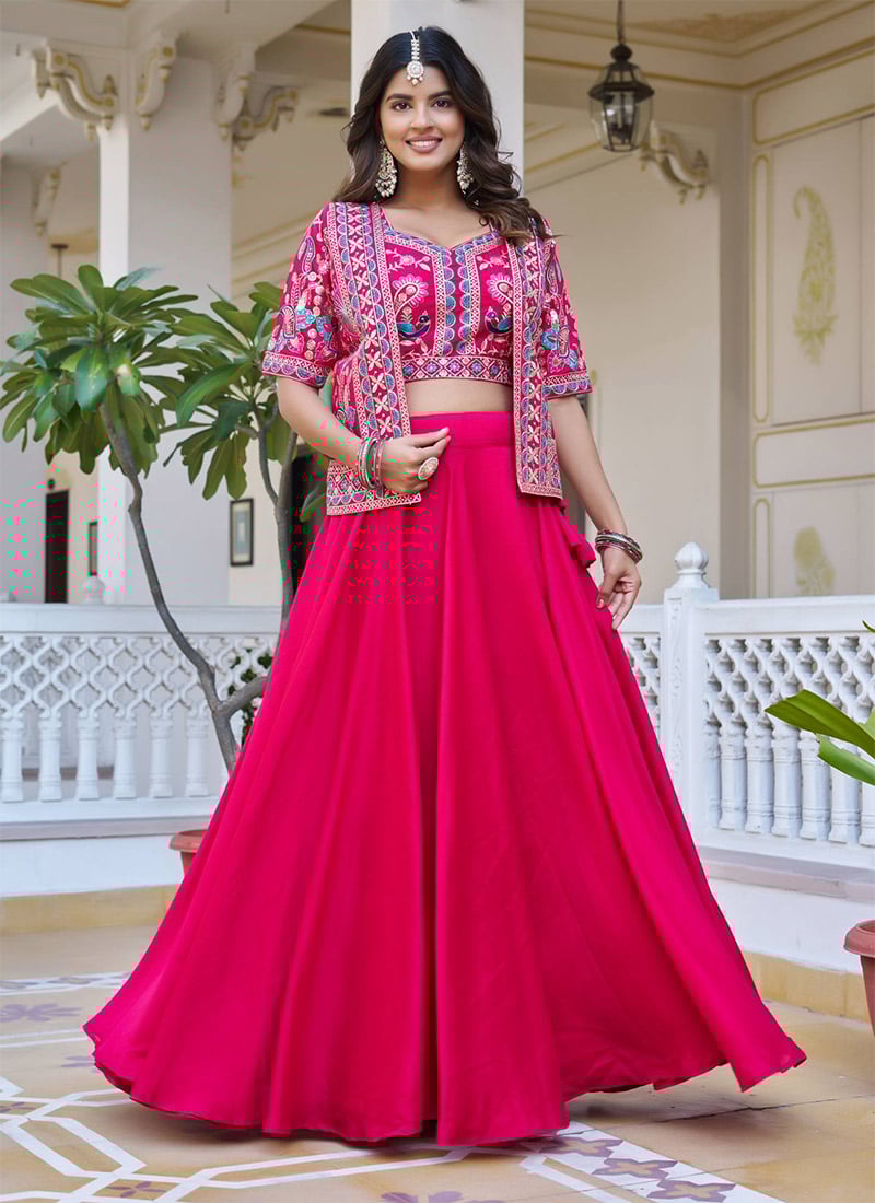 Pink Vichitra Silk Embroidered Sequins Indowestern Jacket Skirt Set Wedding Wear