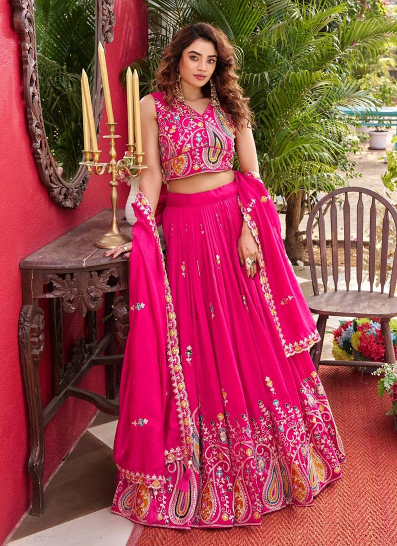 Pink Vichitra Silk Embroidered Sequins Lehenga Wedding Wear