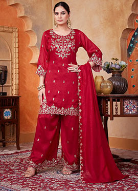 Red Vichitra Silk Embroidered Sequins Palazzo Suit