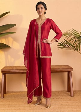 Pink Vichitra Silk Embroidered Sequins Palazzo Suit