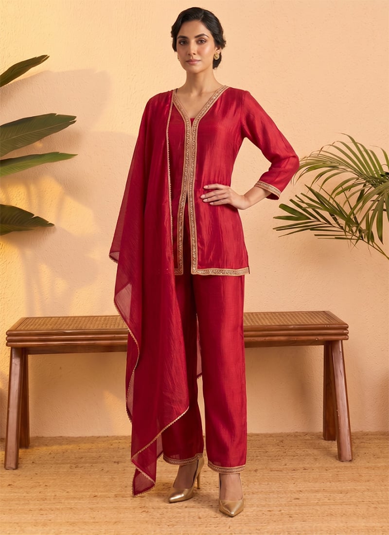 Pink Vichitra Silk Embroidered Sequins Palazzo Suit After Six Wear