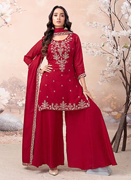 Pink Vichitra Silk Embroidered Sequins Palazzo Suit