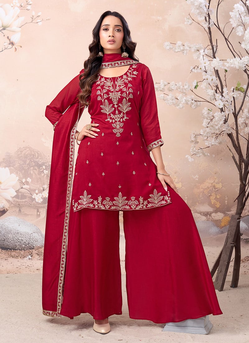 Pink Vichitra Silk Embroidered Sequins Palazzo Suit After Six Wear