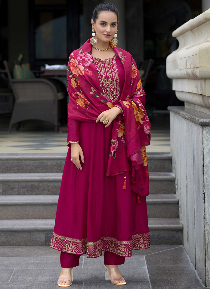 Pink Vichitra Silk Embroidered Sequins Straight Pant Suit With Floral Digital Print Dupatta Festive Wear