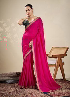 Pink Vichitra Silk Embroidered Zari Saree Festive Wear