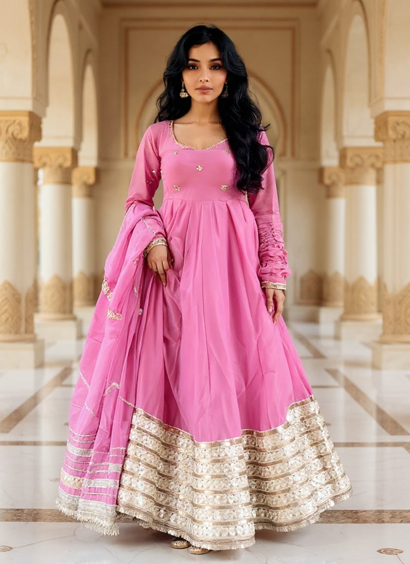 Pink Vichitra Silk Sequins Embroidered Anarkali Suit Festive Wear