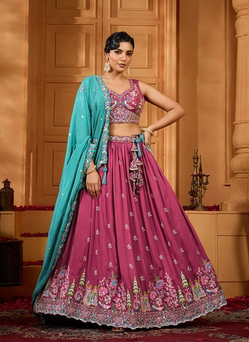 Pink Vichitra Silk Sequins Stones Embroidered Cut Work Umbrella Lehenga