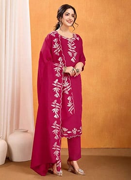 Pink Vichitra Silk Sequins Straight Pant Suit