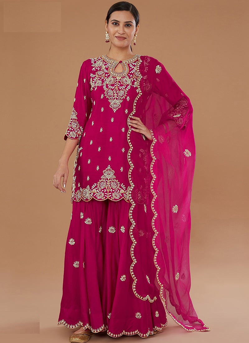 Pink Vichitra Silk Zari And Embroidered Sequins Palazzo Suit Festive Wear