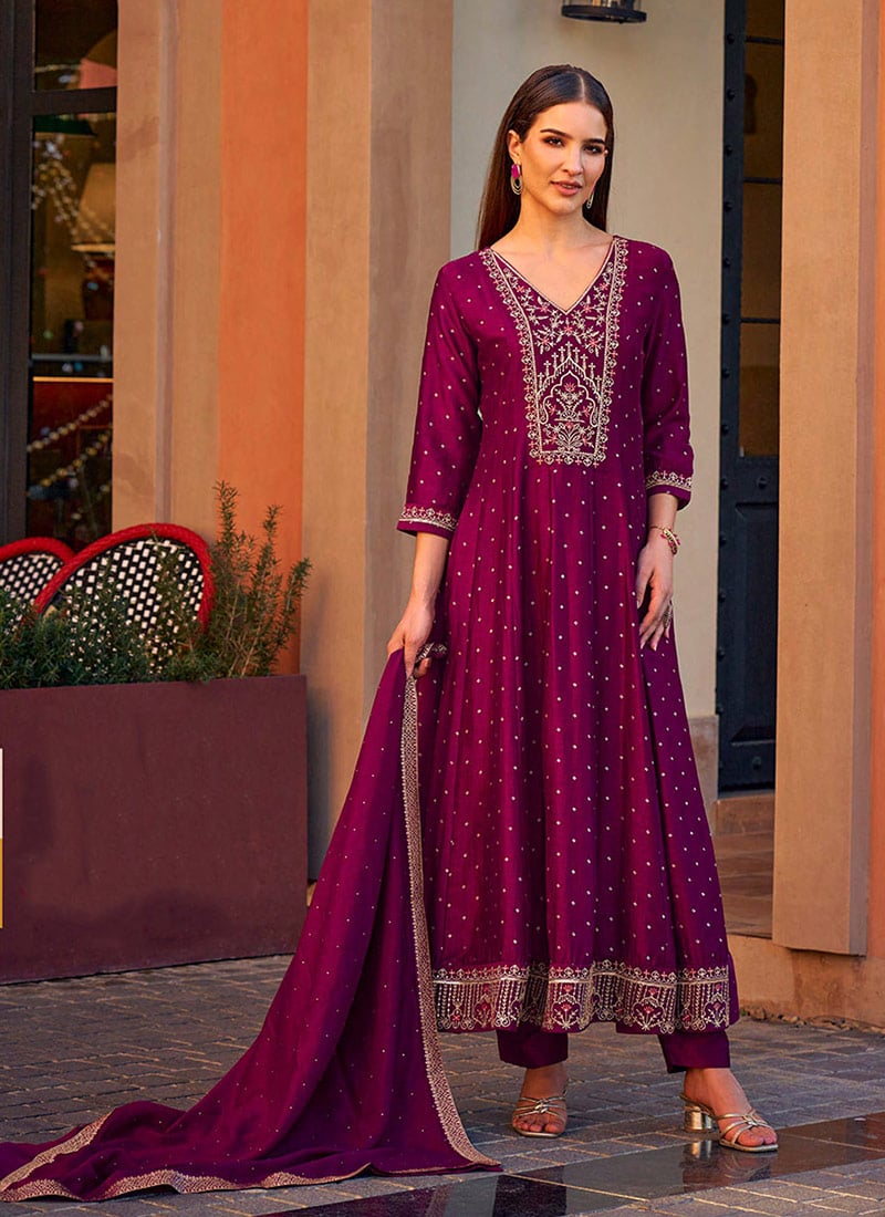 Magenta Vichitra Silk Zari Embroidered Sequins A Line Straight Pant Suit Festive Wear
