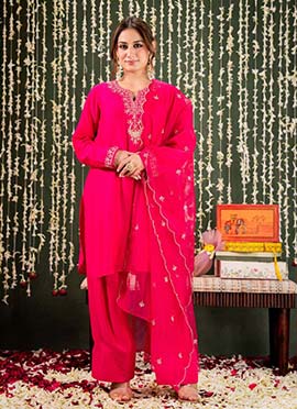 Pink Viscose Chanderi Embroidered Farshi Salwar Suit