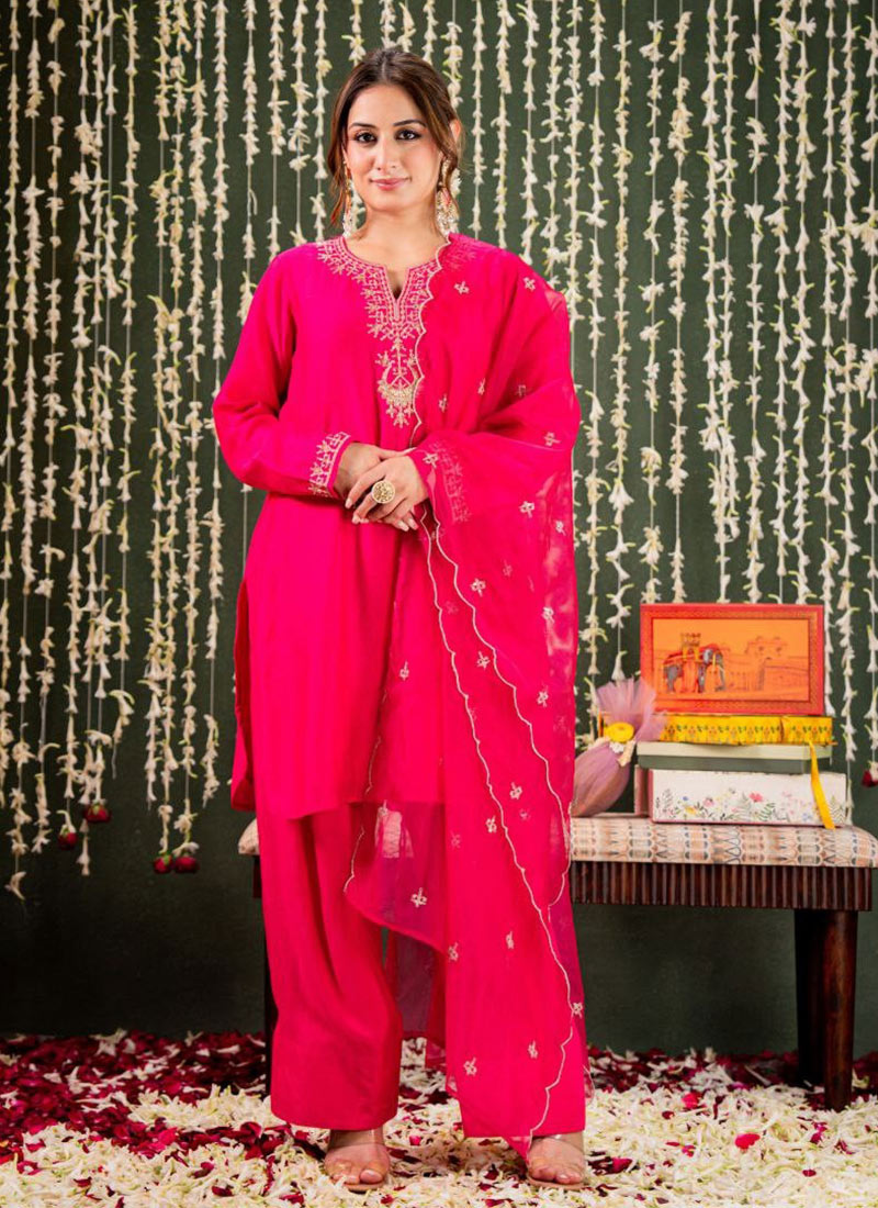 Pink Viscose Chanderi Embroidered Farshi Salwar Suit After Six Wear