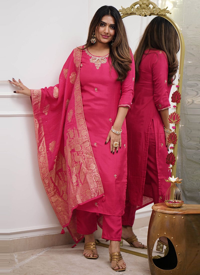 Pink Viscose Chanderi Embroidered Sequins Straight Pant Suit With Jacquard Dupatta Festive Wear