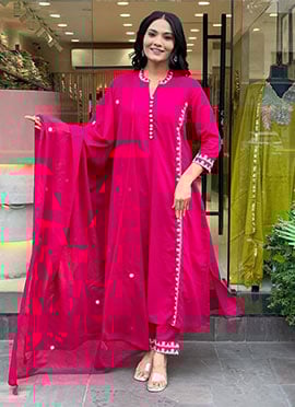 Pink Viscose Chanderi Embroidered Straight Pant Suit