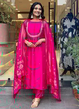 Pink Viscose Chanderi Embroidered Straight Pant Suit With Jacquard Duppatta