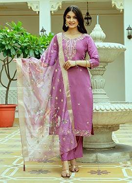 Pink Viscose Chanderi Silk Embroidered With Beads Work Straight Pant Suit