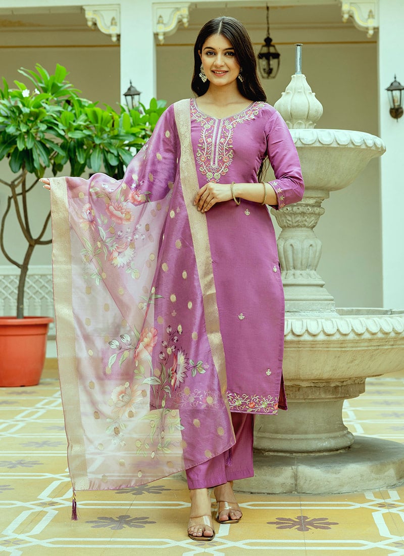 Pink Viscose Chanderi Silk Embroidered With Beads Work Straight Pant Suit Festive Wear