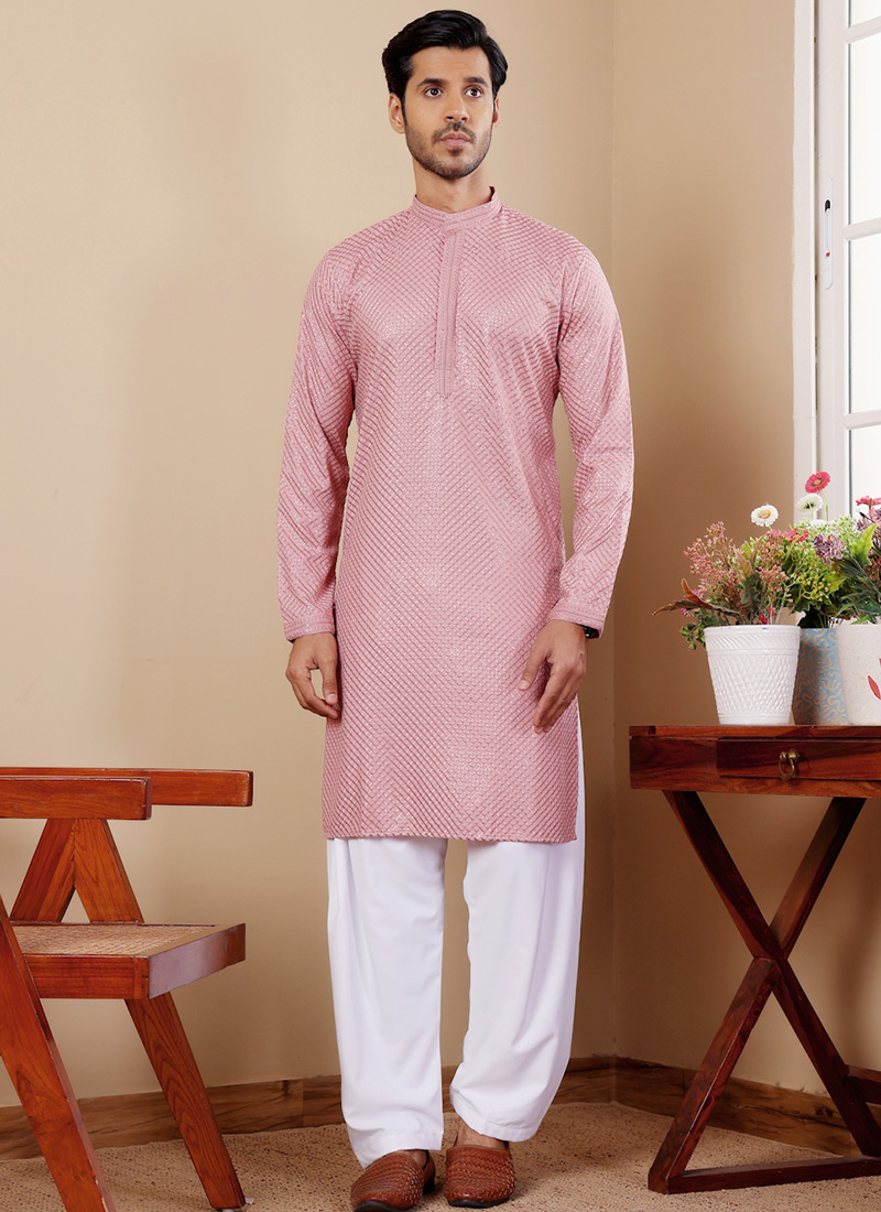 Pink Viscose Chikankari Embroidery Kurta Pyjama Festive Wear
