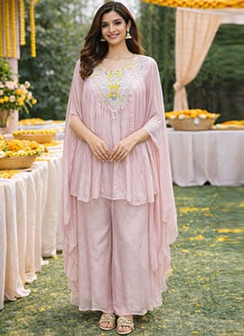 Pink Viscose Chinon Hand Embroidered Indowestern Sets and Suits