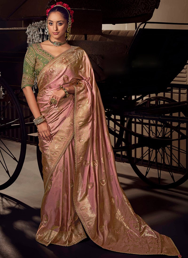 Pink Viscose Crepe Zari Hand Embroidered Sequins With Beads Work Saree Wedding Wear