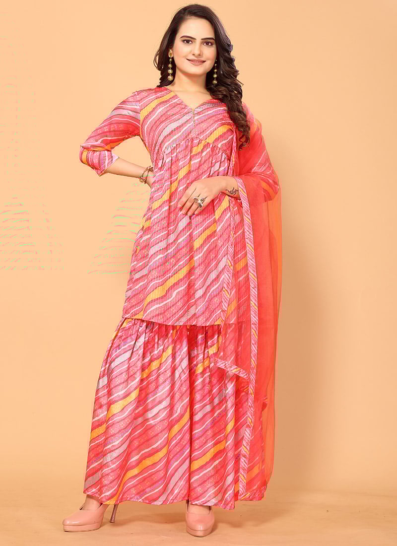 Pink Viscose Digital Print Festive Sharara Suit Look With Sequins Party Wear