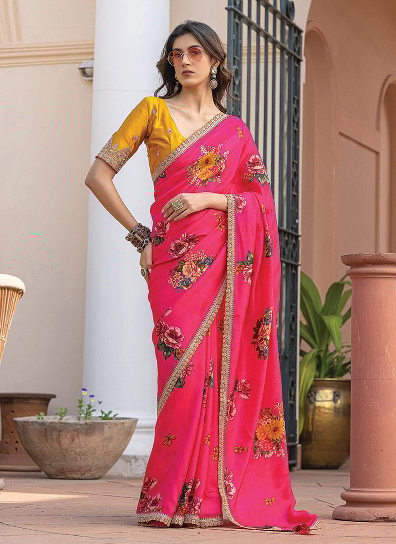 Pink Viscose Dola Silk Zari Embroidered Sequins Floral Digital Print Saree Festive Wear